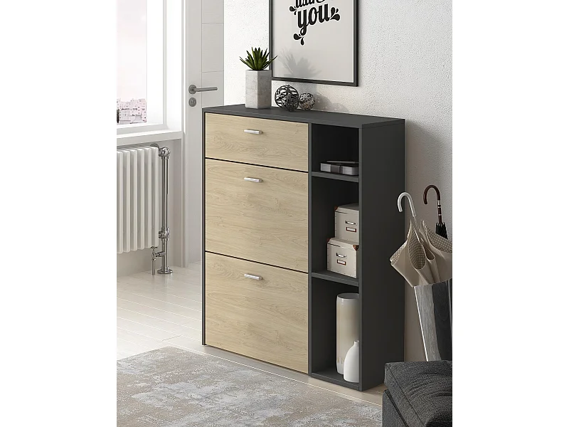 Zapatero WIND, color estructura Gris Antracita, color roble, 90x26x102cm