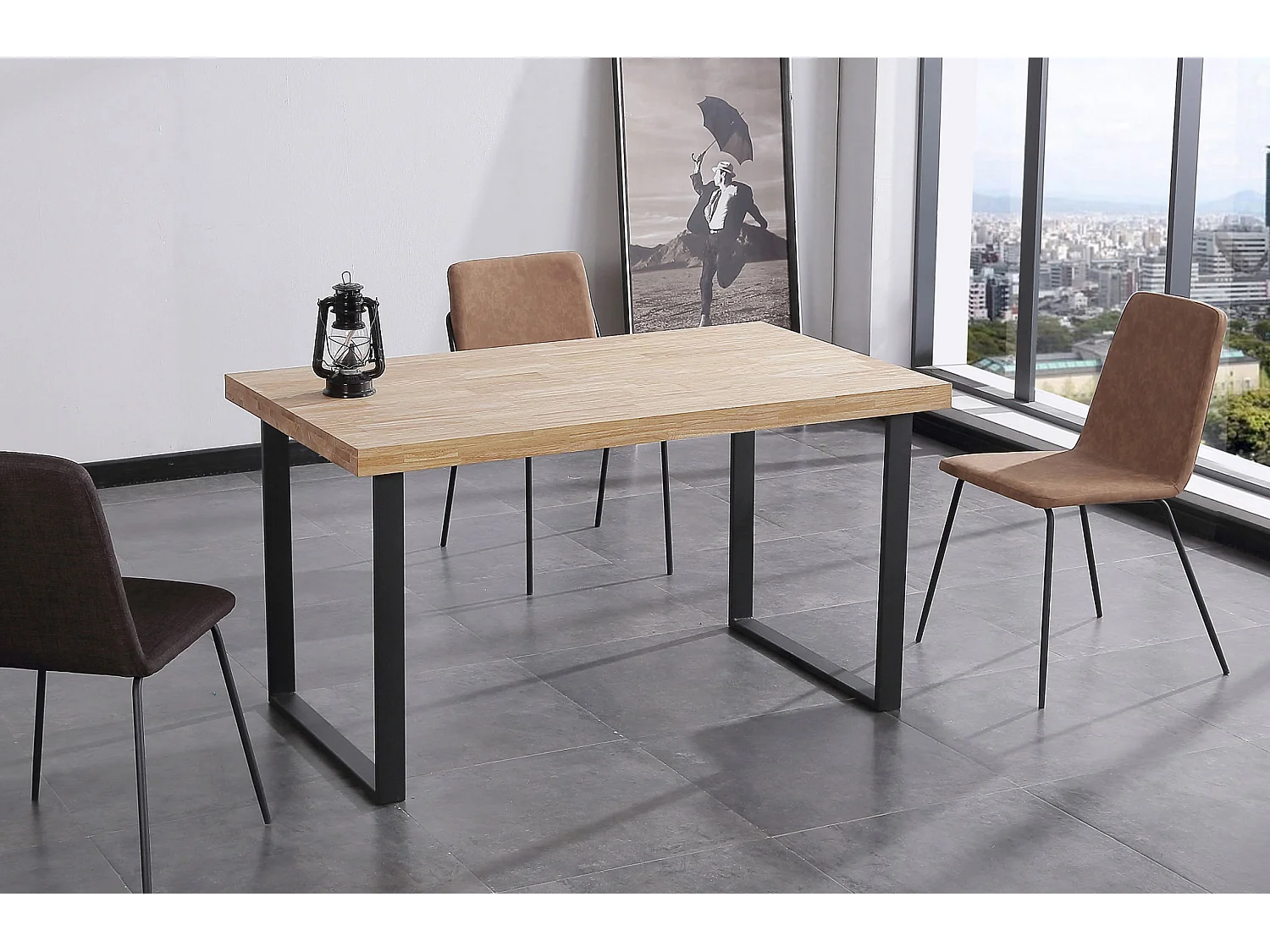Table a manger fixe, modele NORDISH, chene massif nordique de 54 mm d'epaisseur, Pieds metalliques, 140x80x76cm