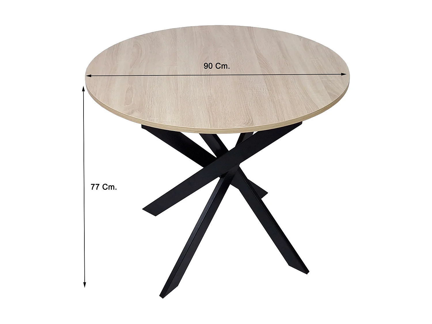 Mesa de jantar fixa redonda ZEN, 90x90x77cm, Capacidade para 4 pessoas, Cor carvalho, Pés metálicos em preto lacado mate