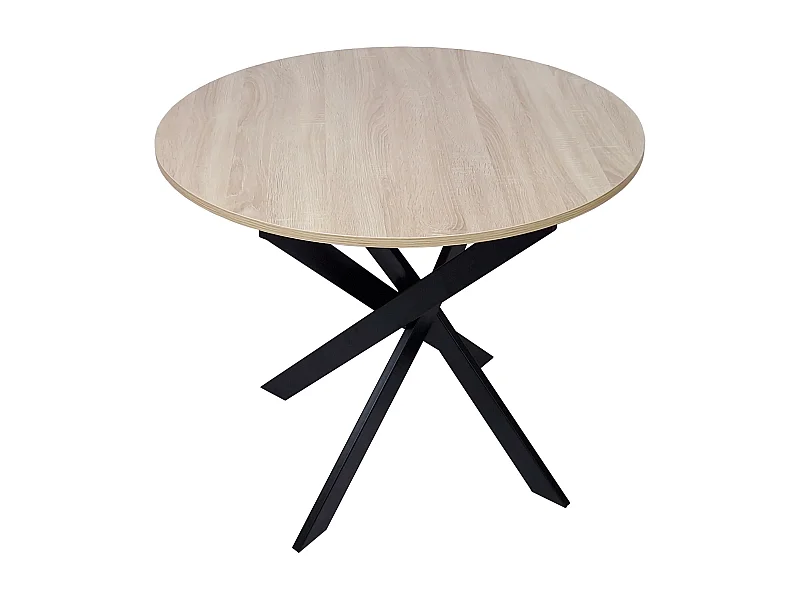 Mesa de comedor fija redonda ZEN, 90 x 90 x 77 cm, Capacidad hasta 4 personas, Color roble, Patas metálicas negro lacado mate