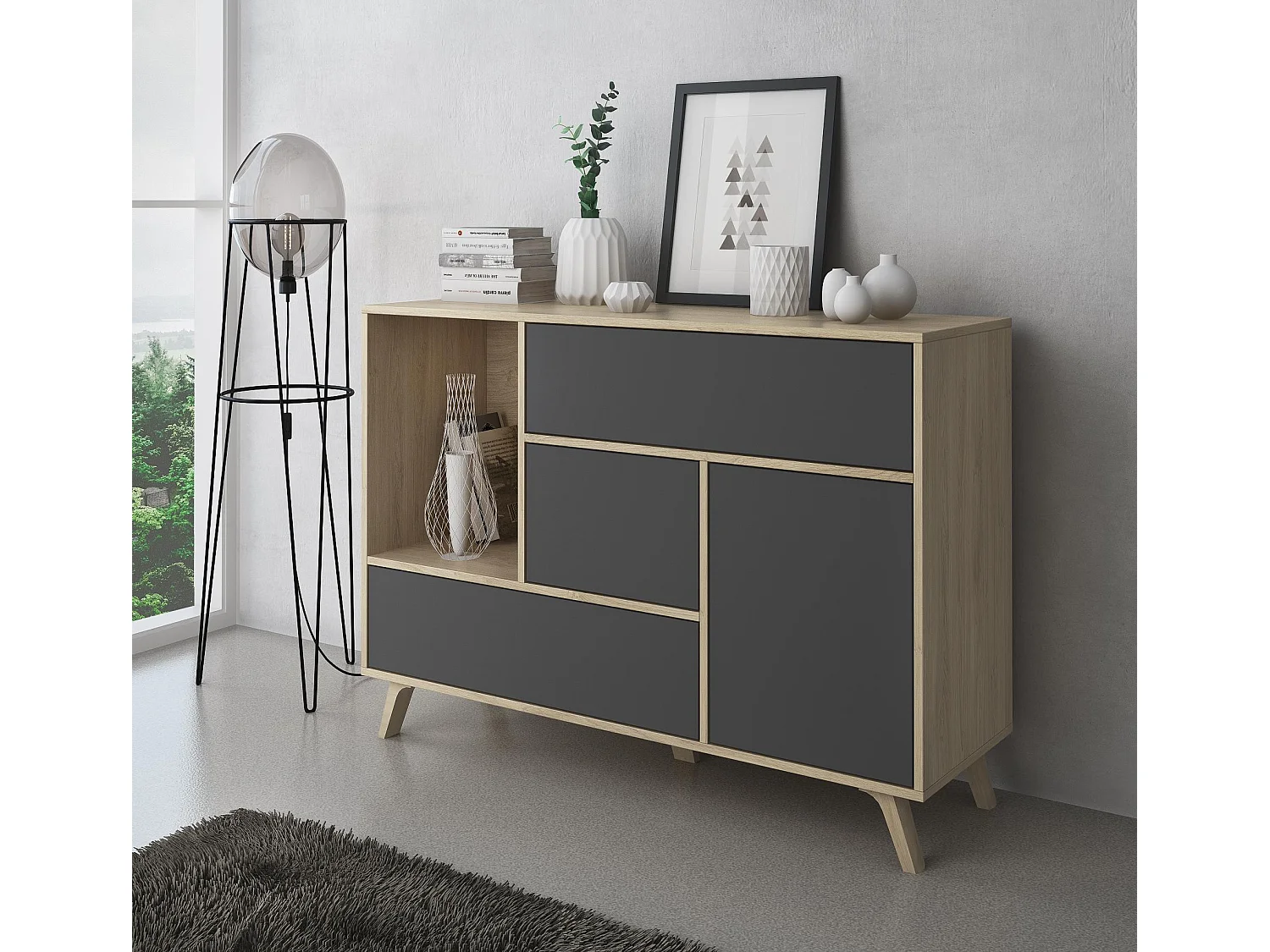 Buffet de salle à manger WIND 1 porte, 3 tiroirs, Couleur chêne/Gris Anthracite