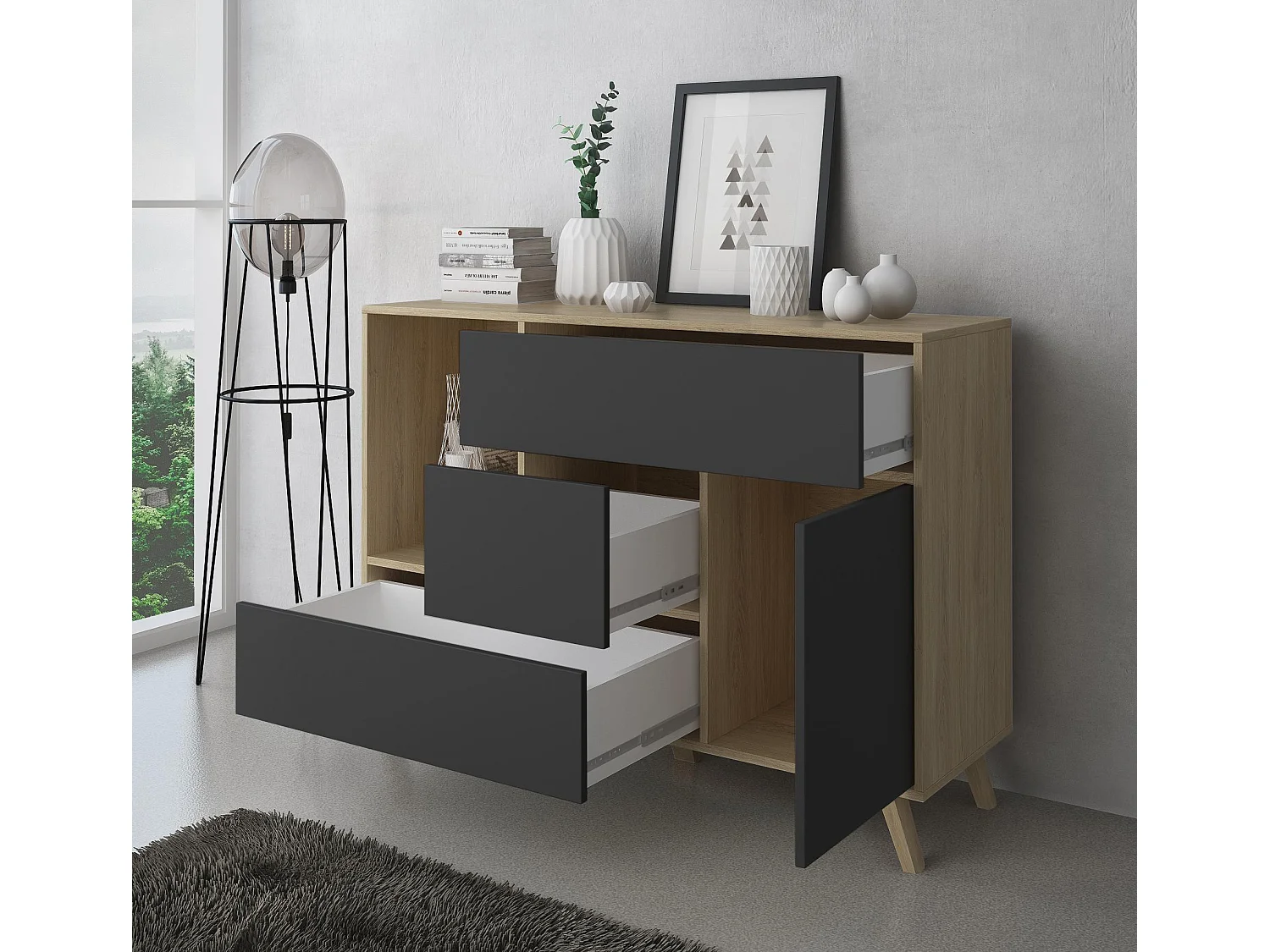 Buffet de salle à manger WIND 1 porte, 3 tiroirs, Couleur chêne/Gris Anthracite