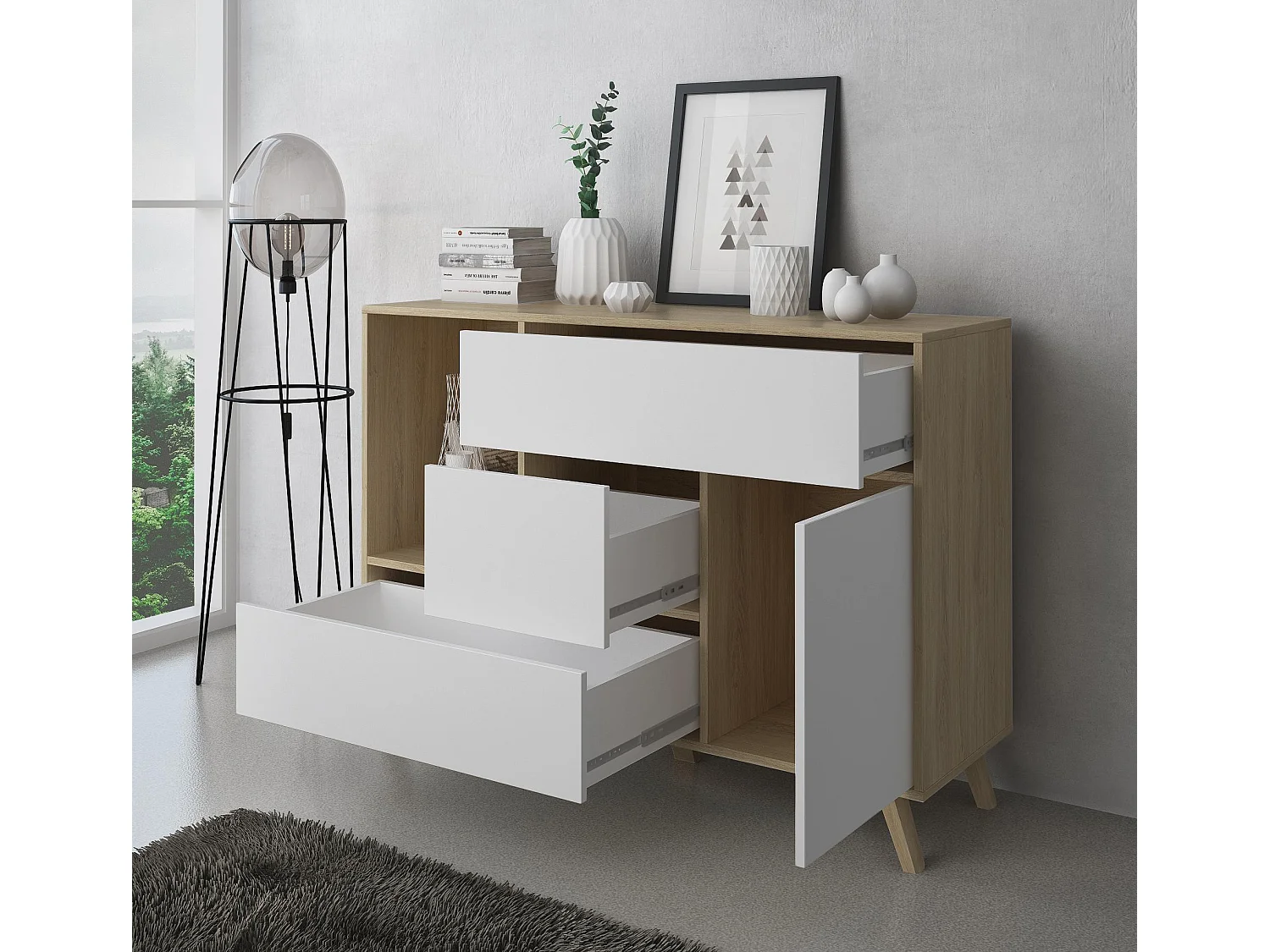 Sabreess Furniture - Buffet, Windmodel, 120x40x86 cm, Woonkamer, hal, kantoor, Eik en wit, Moderne stijl
