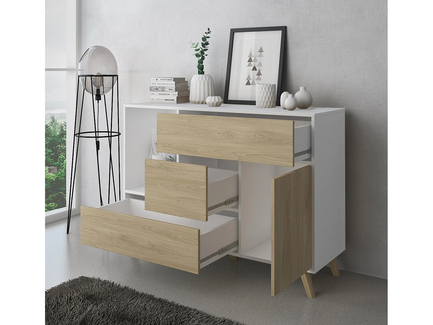 Buffet de salle à manger WIND 1 porte, 3 tiroirs, couleur Blanc/chêne