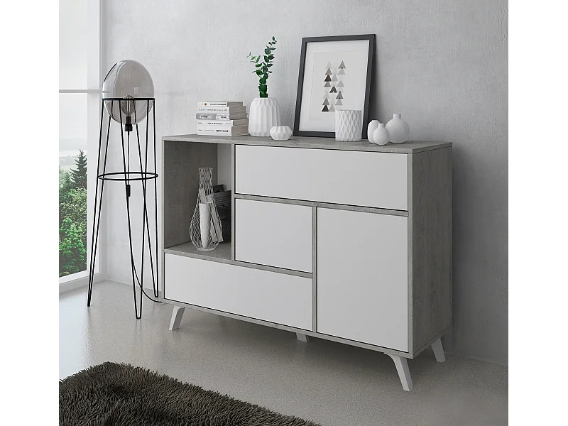 Credenza salotto/sala da pranzo, mobile buffet WIND 1 porta, 3 cassetti, colore Grigio Cemento e Bianco Opaco. 120x40x86cm.