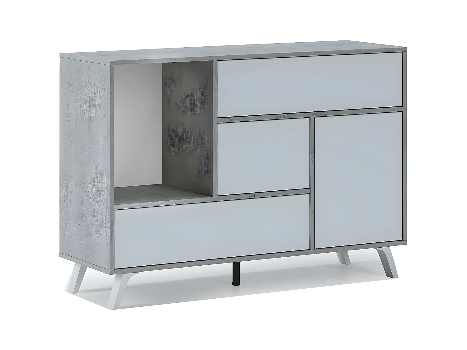 Buffet WIND 1 porte, 3 tiroirs, structure couleur CIMENT, porte et tiroirs couleur BLANC MAT 120x40x86cm.
