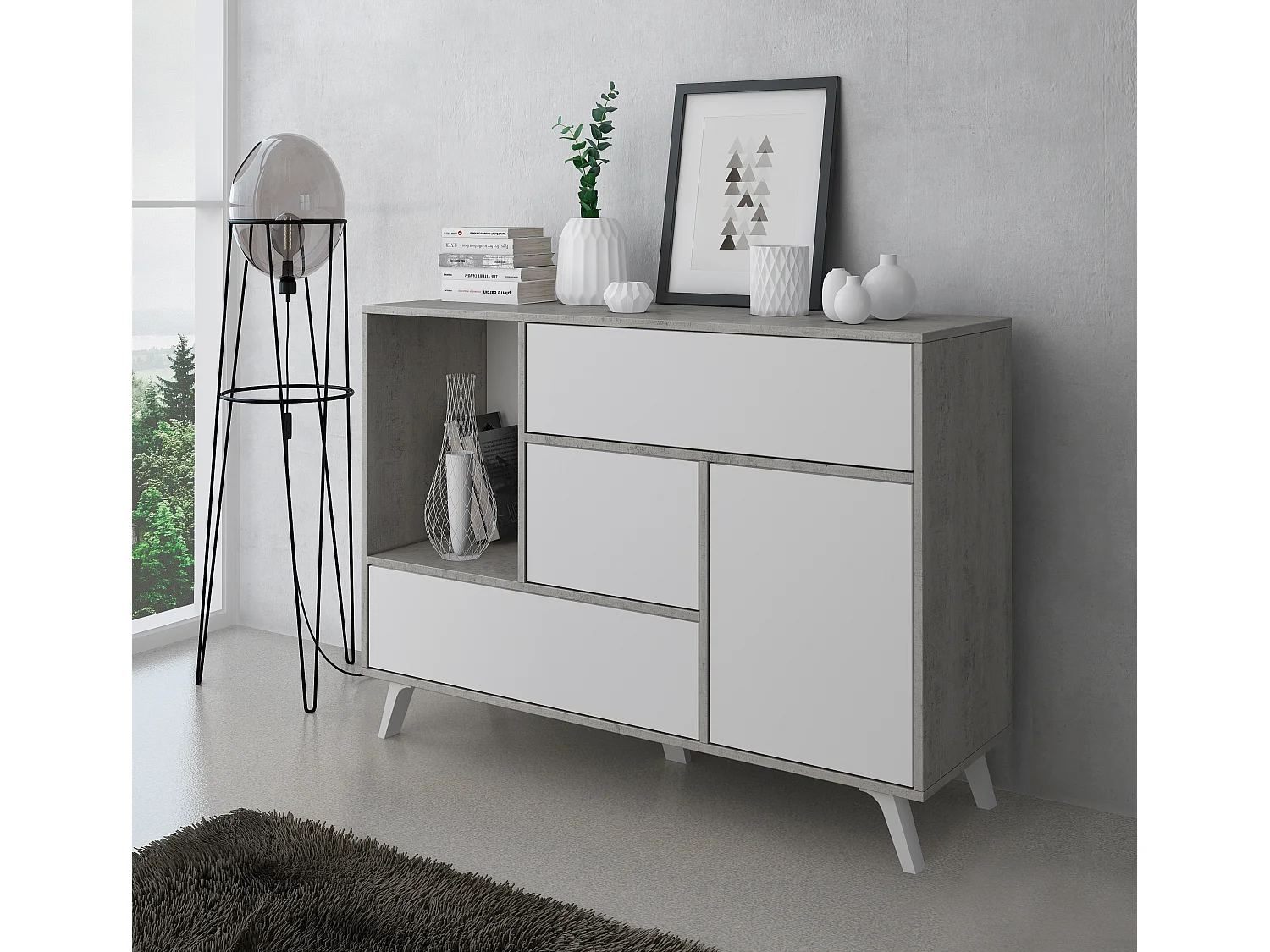 Buffet WIND 1 porte, 3 tiroirs, structure couleur CIMENT, porte et tiroirs couleur BLANC MAT 120x40x86cm.