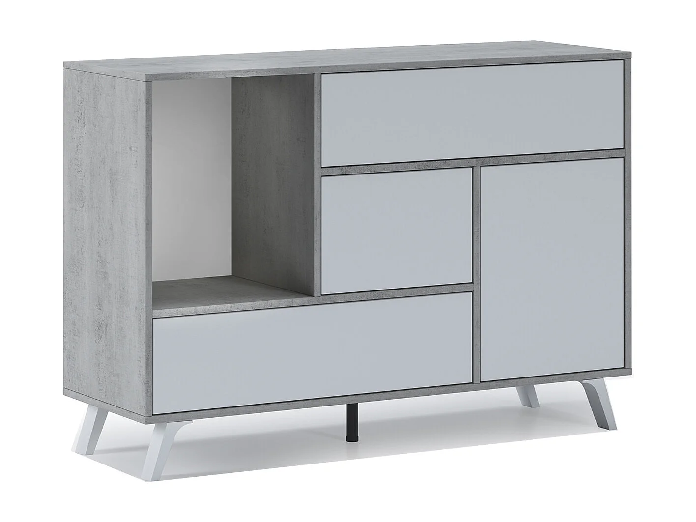Buffet WIND 1 porte, 3 tiroirs, structure couleur CIMENT, porte et tiroirs couleur BLANC MAT 120x40x86cm.