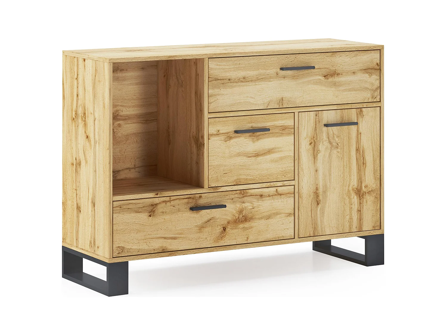 Buffet auxiliaire LOFT 1 porte, 3 tiroirs, tous en couleur Chene rustique. Dimensions : 120x40x86cm.