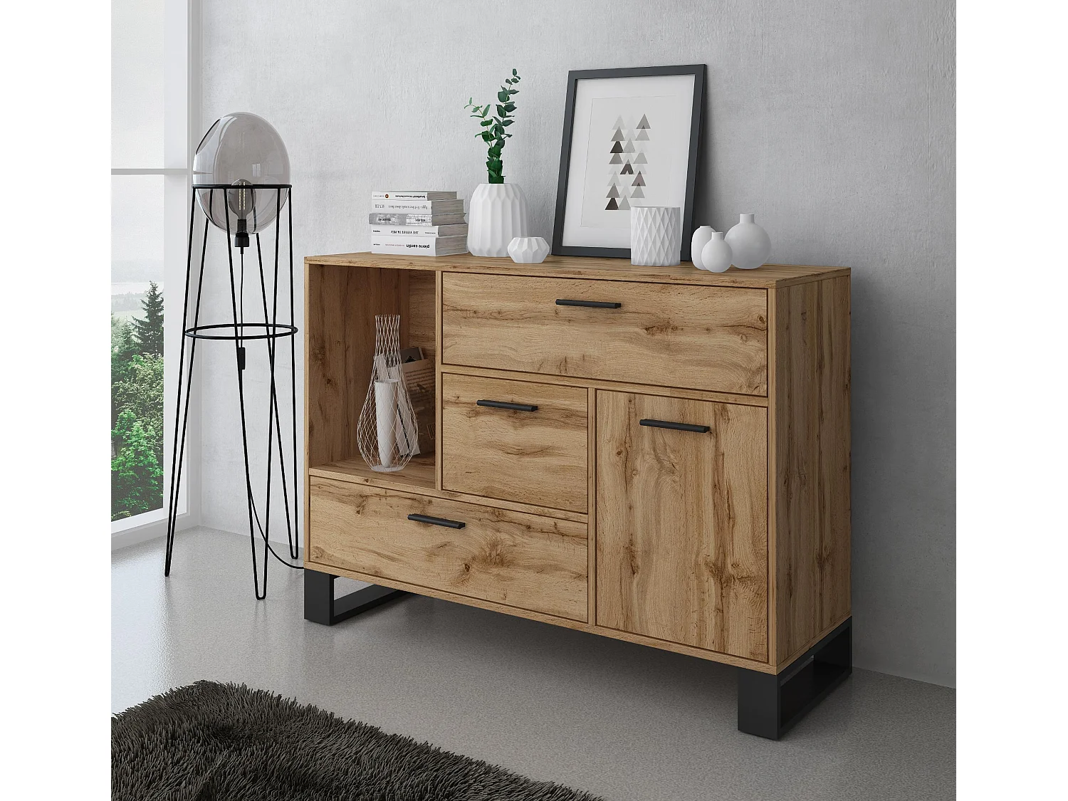 Buffet - Said, Loft -model, 120x40x86 cm, Woonkamer, hal, kantoor, Rustieke eik, Noordse stijl