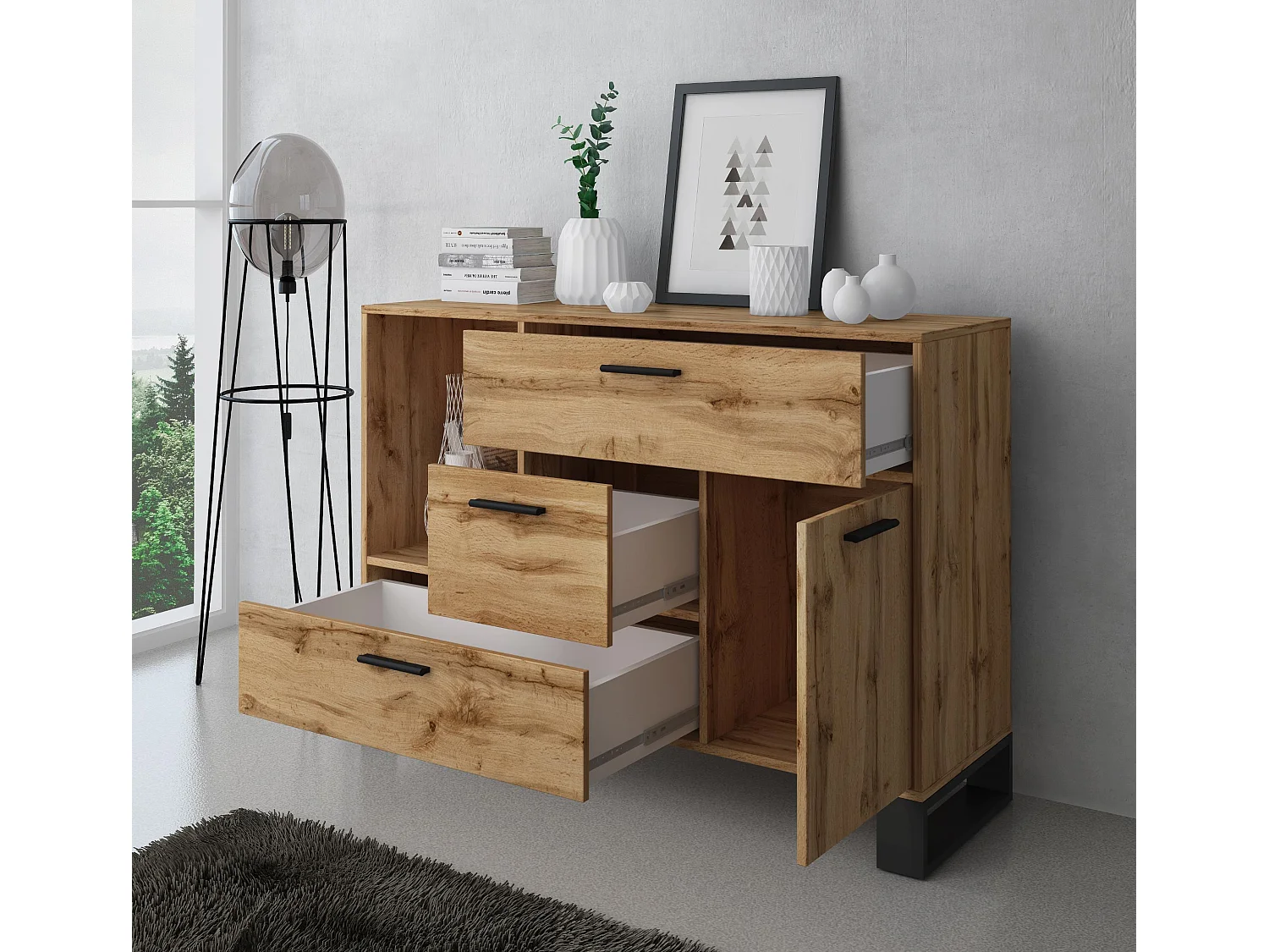 Buffet - Said, Loft -model, 120x40x86 cm, Woonkamer, hal, kantoor, Rustieke eik, Noordse stijl