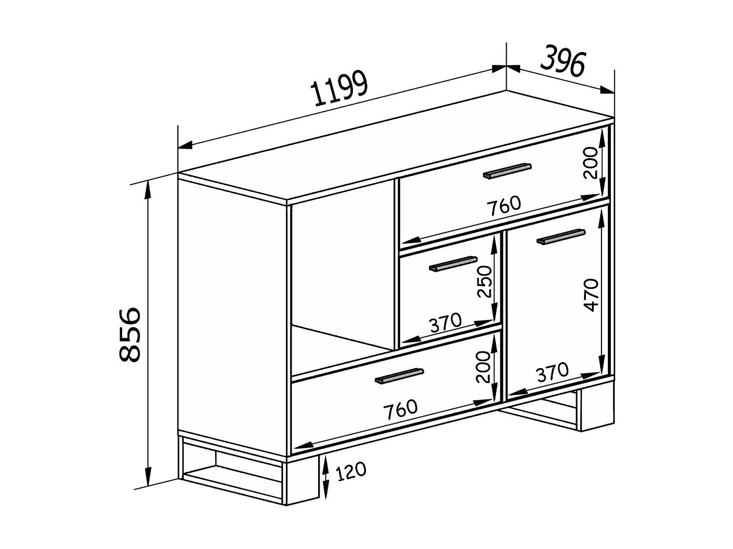 Buffet - Said, Loft -model, 120x40x86 cm, Woonkamer, hal, kantoor, Rustieke eik, Noordse stijl