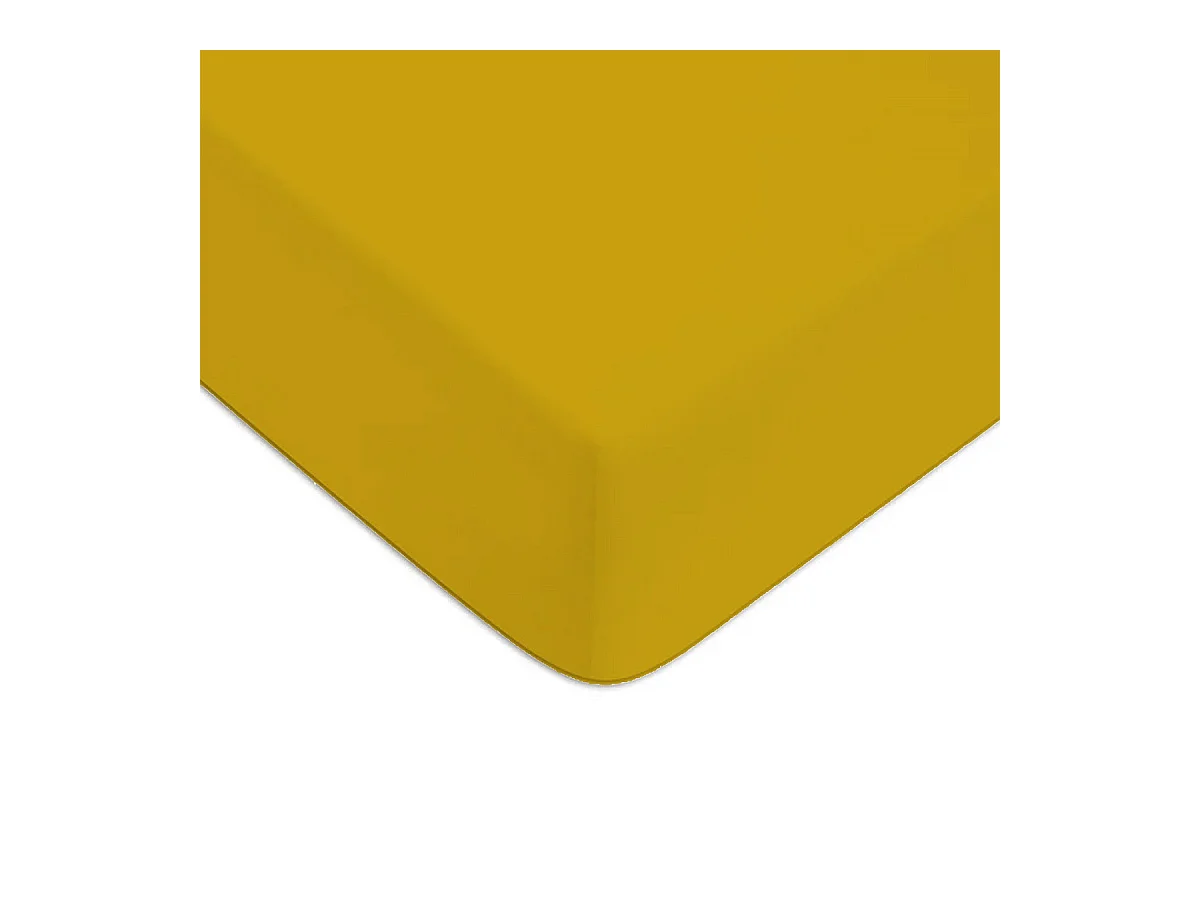Drap housse en coton 57 fils uni jaune moutarde 90x190cm