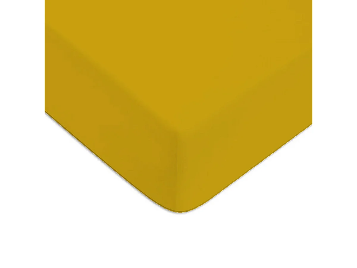 Drap housse en coton 57 fils uni jaune moutarde 90x190cm