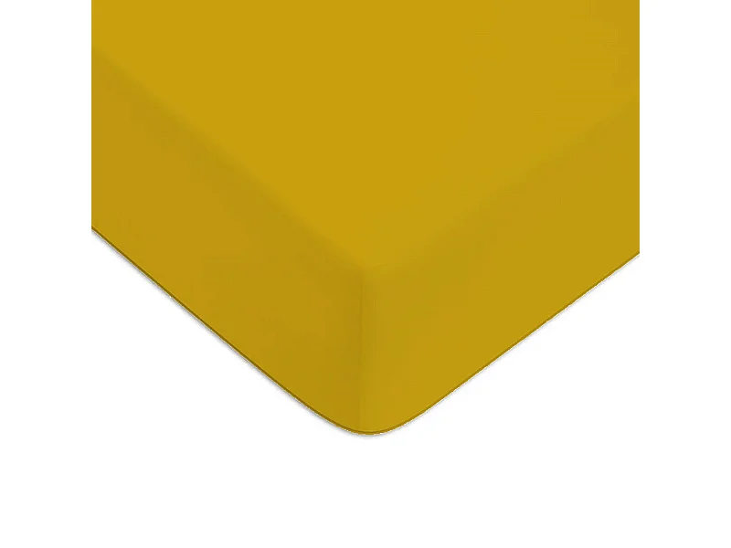 Drap housse en coton 57 fils uni jaune moutarde 90x190cm