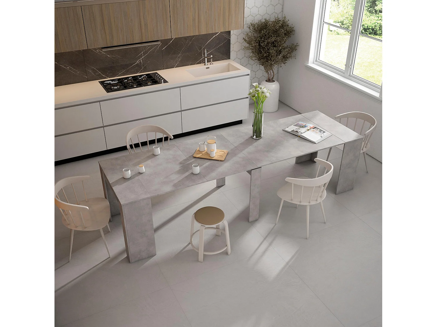 Mesa Consola Extensível, 302x90x77cm, Para 14 pessoas, Mesa de Jantar, Cimento