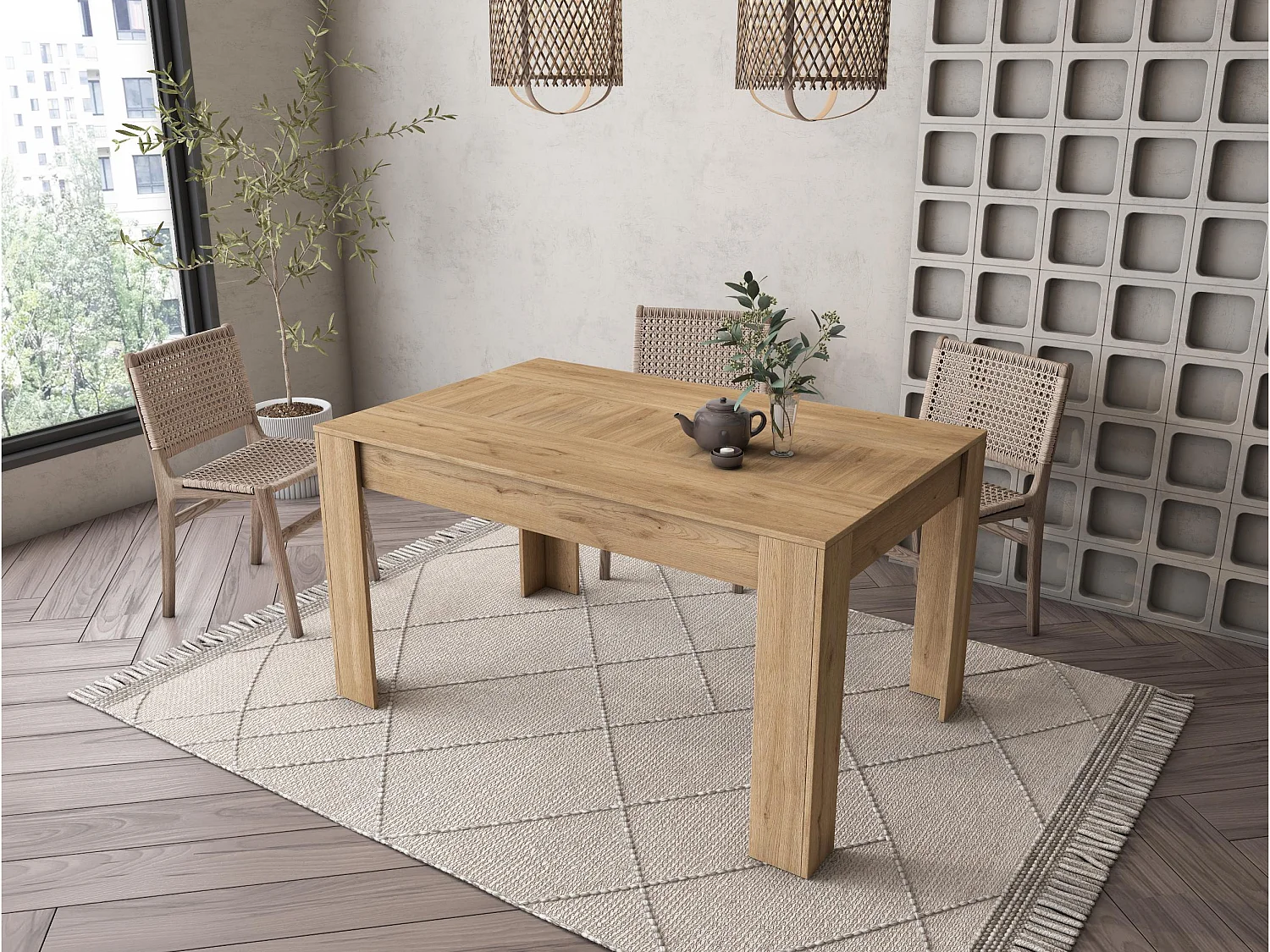 Mesa de Comedor de 140cm extensible 200cm, Color Naturale.