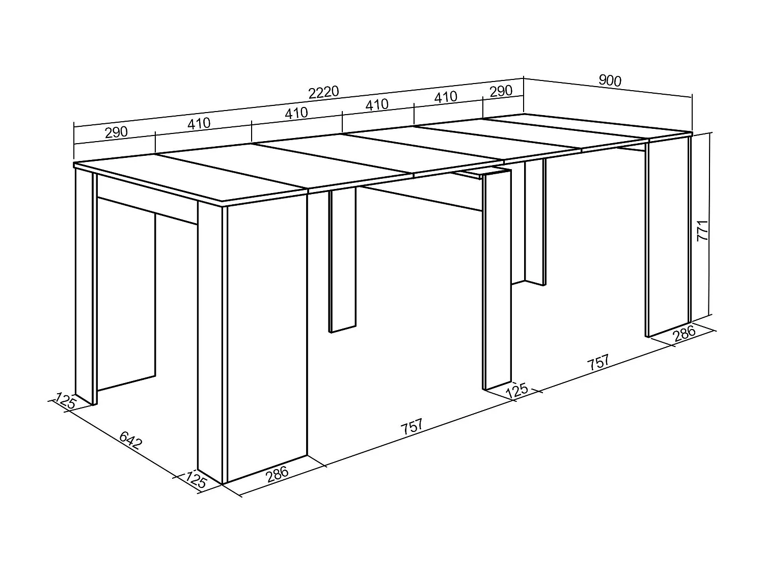 Mesa Consola Extensível, 222x90x77cm, Para 10 pessoas, Mesa de Jantar, Cimento