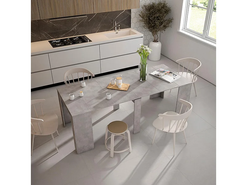 Table console extensible, 222x90x77cm, Pour 10 personnes, Table à Manger, Ciment