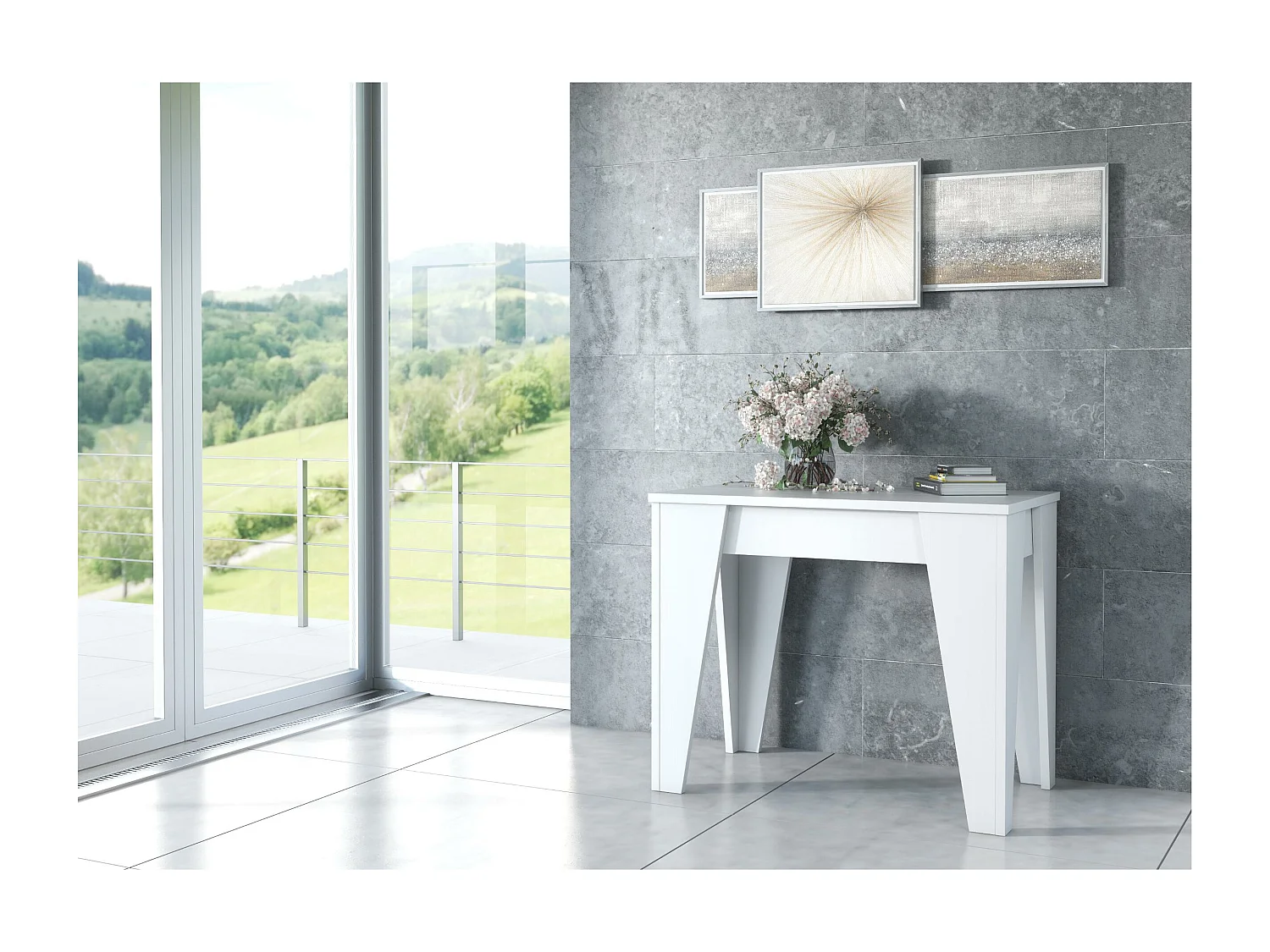 Table TM extensible avec rallonges jusqu'a 146 cm, couleur blanche, 90x53.6x74cm.