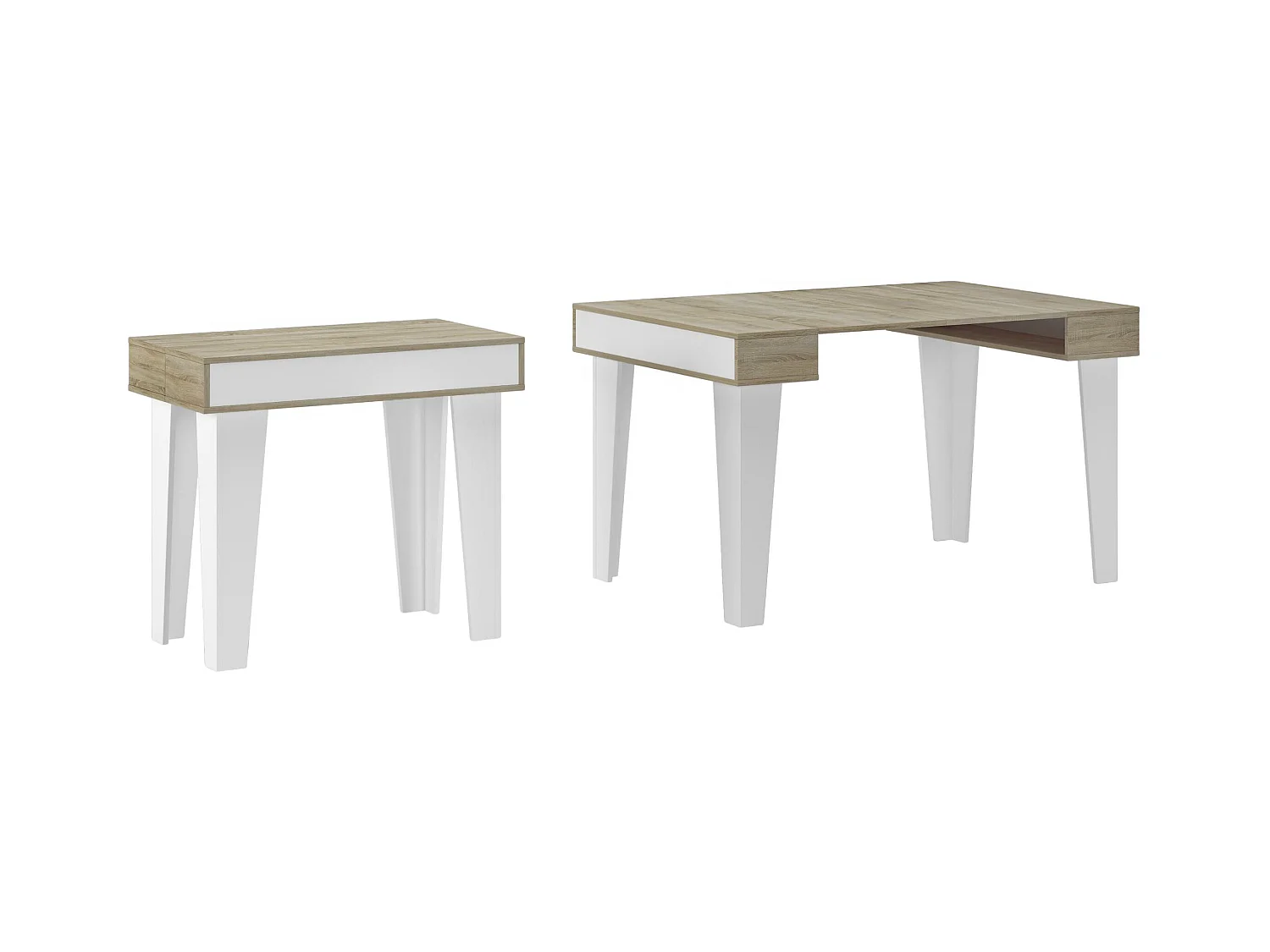 eettafel Console KL, 52x90x79 cm uitbreidbaar tot 144,6 cm, Capaciteit tot 6 diners, Woonkamer, hal, kantoor, Wit en eiken