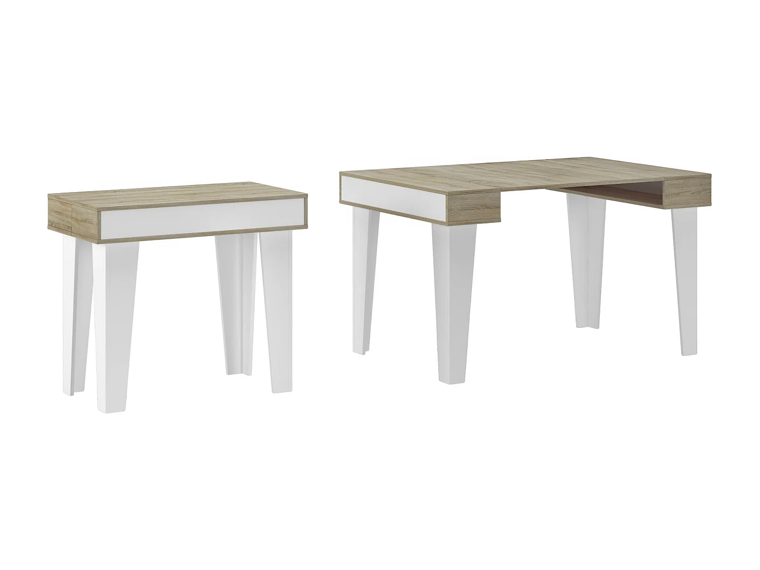 eettafel Console KL, 52x90x79 cm uitbreidbaar tot 144,6 cm, Capaciteit tot 6 diners, Woonkamer, hal, kantoor, Wit en eiken