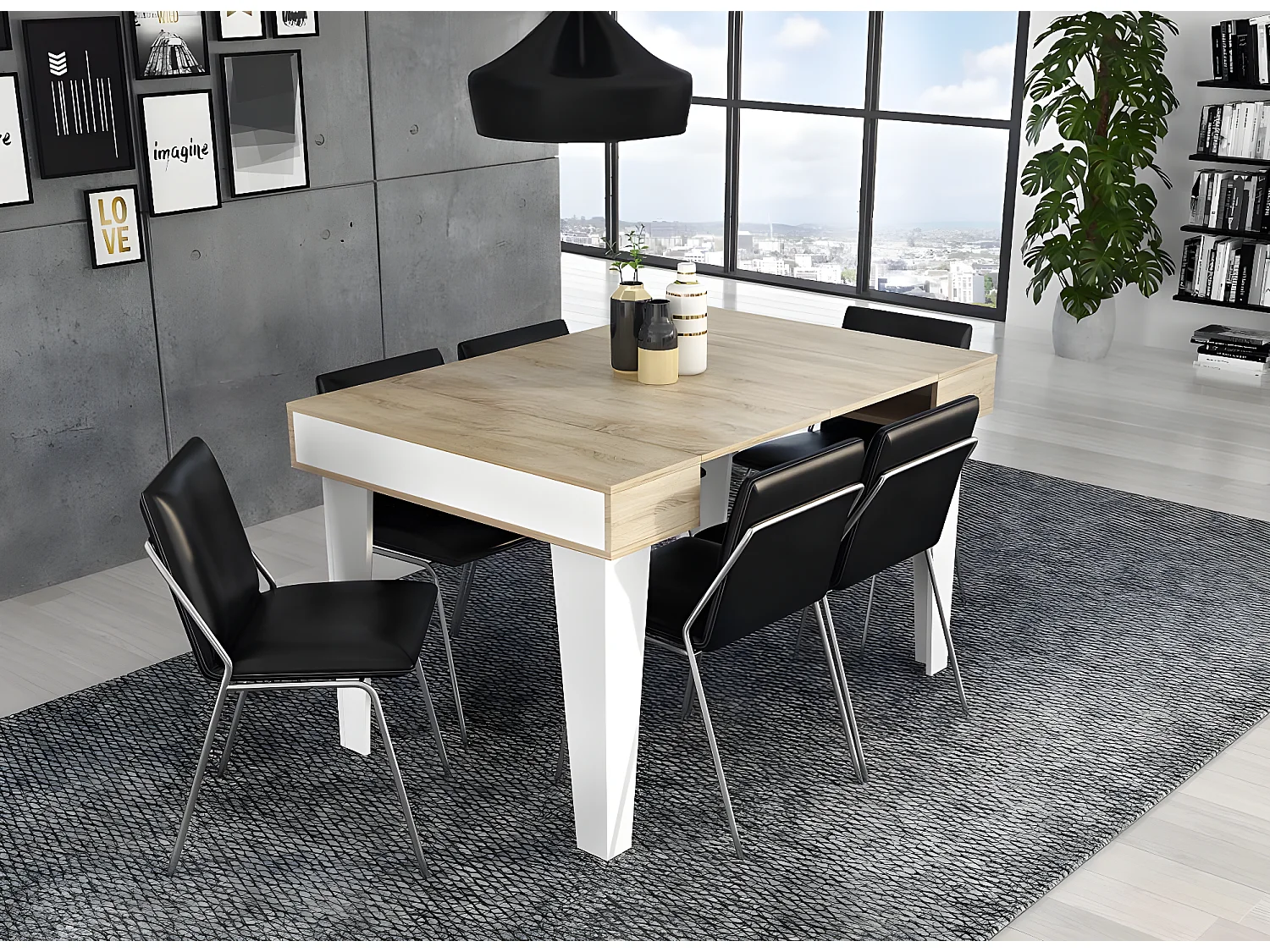 eettafel Console KL, 52x90x79 cm uitbreidbaar tot 144,6 cm, Capaciteit tot 6 diners, Woonkamer, hal, kantoor, Wit en eiken