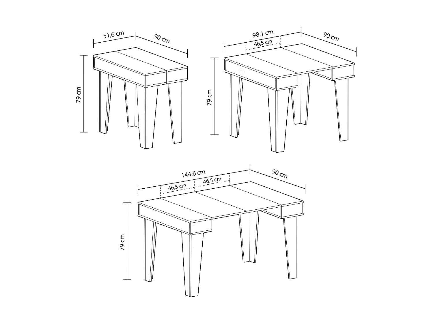 eettafel Console KL, 52x90x79 cm uitbreidbaar tot 144,6 cm, Capaciteit tot 6 diners, Woonkamer, hal, kantoor, Wit en eiken