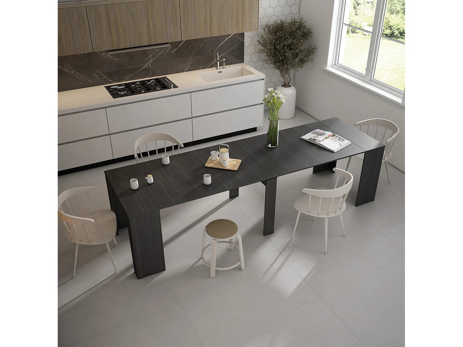Table console extensible, 302x90x77cm, Pour 14 personnes, Table à Manger, Noir