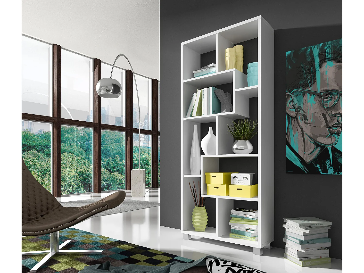 Wandbibliothek, Bücherregal, Bibliothek, 8 Regal Design Wohn, vertikale und horizontale Montage,  Weiß Mate, 68,5x161x25cm