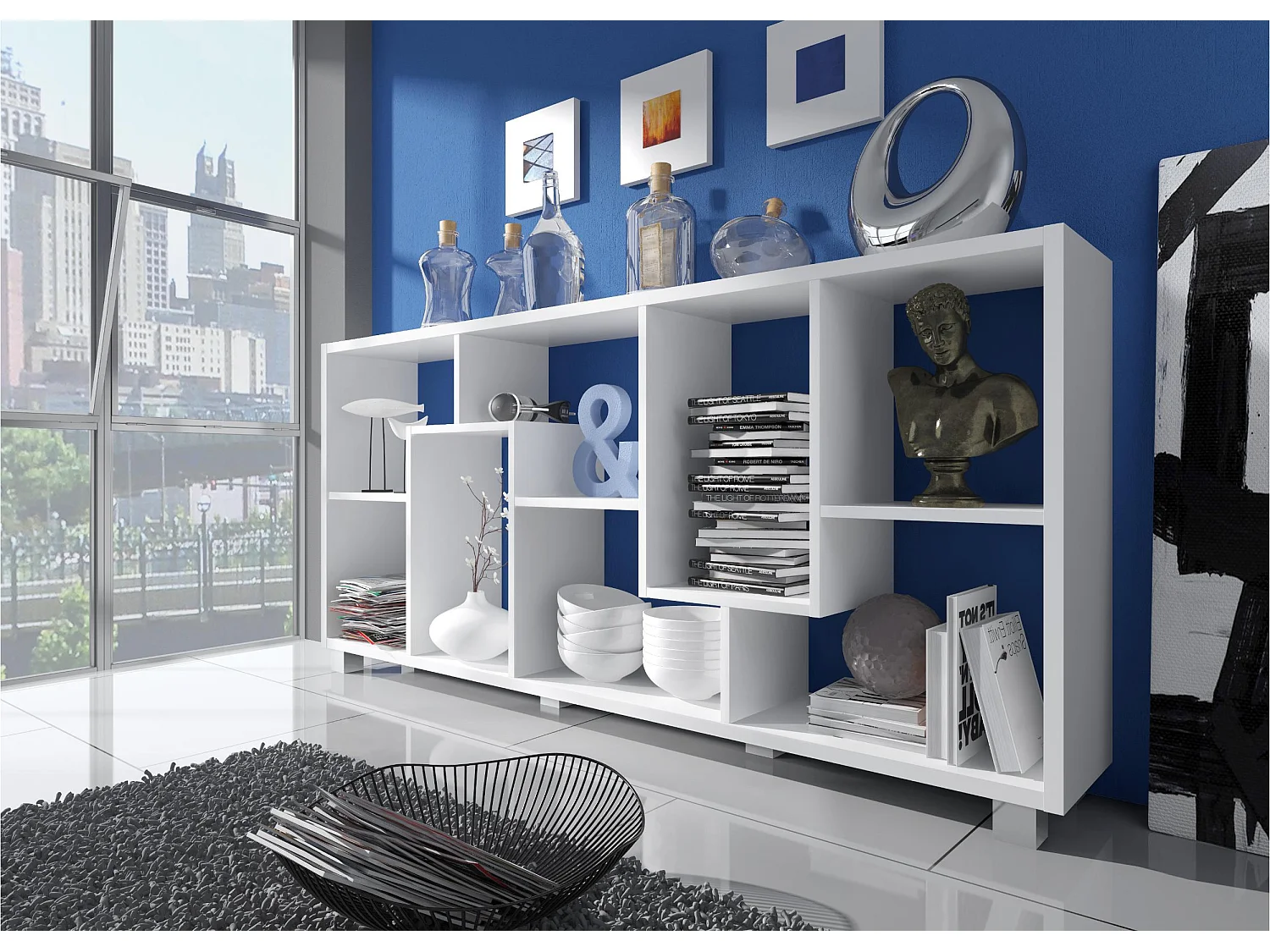 Wandbibliothek, Bücherregal, Bibliothek, 8 Regal Design Wohn, vertikale und horizontale Montage,  Weiß Mate, 68,5x161x25cm