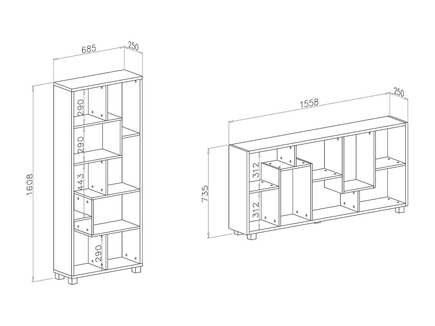 Wandbibliothek, Bücherregal, Bibliothek, 8 Regal Design Wohn, vertikale und horizontale Montage,  Weiß Mate, 68,5x161x25cm