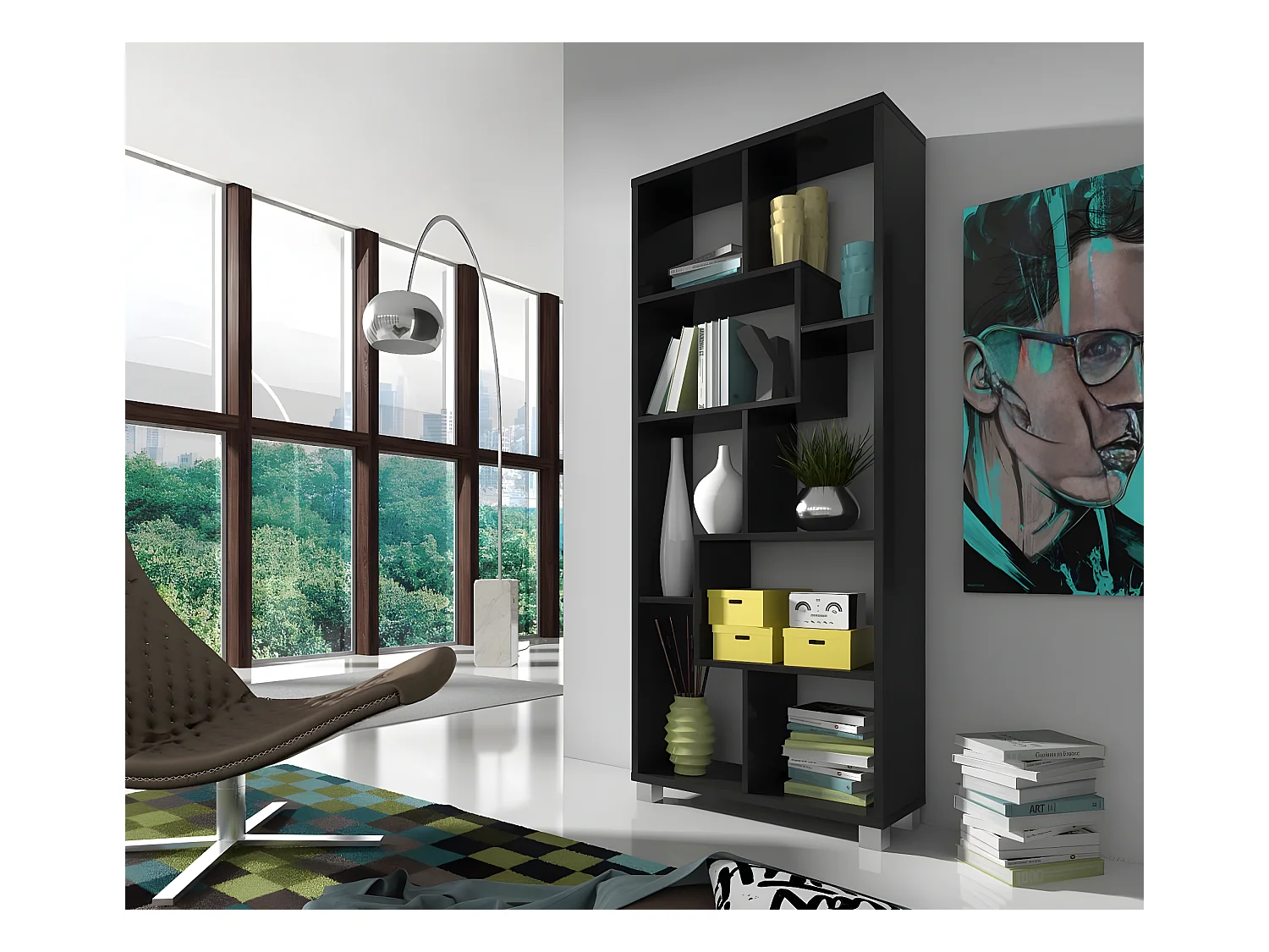 Scaffale libreria a parete, 8 scompartimenti portaoggeti, montaggio orizzontale e verticale, Nero Mate, 68,5x25x161cm