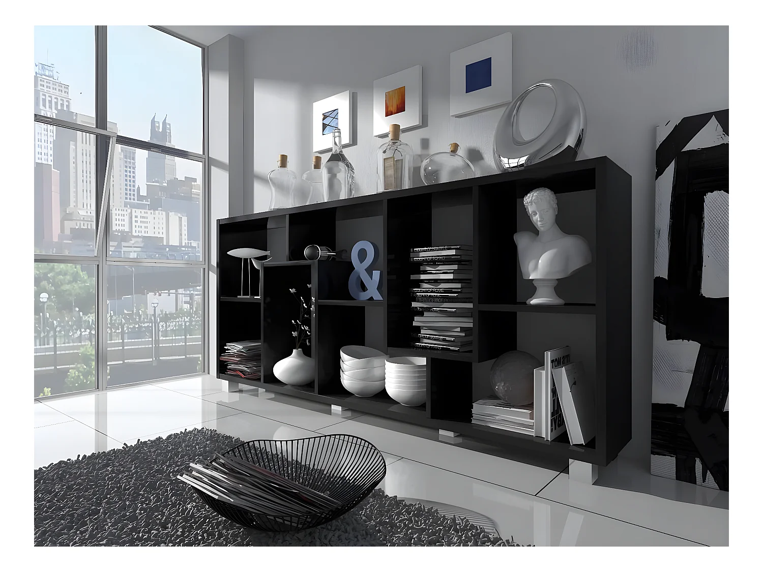 Scaffale libreria a parete, 8 scompartimenti portaoggeti, montaggio orizzontale e verticale, Nero Mate, 68,5x25x161cm