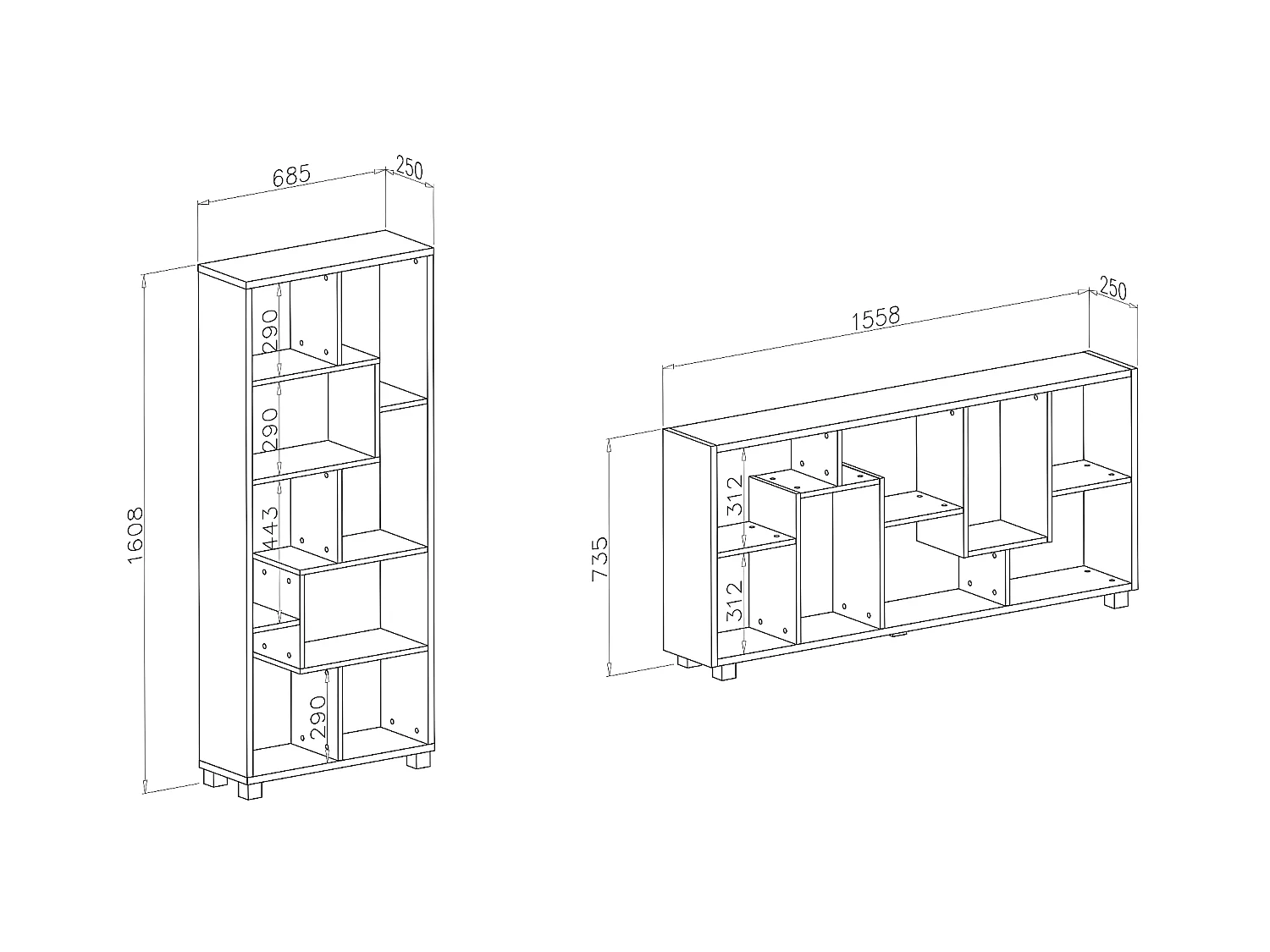 Scaffale libreria a parete, 8 scompartimenti portaoggeti, montaggio orizzontale e verticale, Nero Mate, 68,5x25x161cm