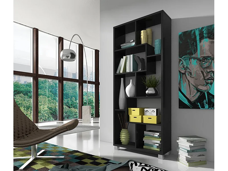 Scaffale libreria a parete, 8 scompartimenti portaoggeti, montaggio orizzontale e verticale, Nero Mate, 68,5x25x161cm