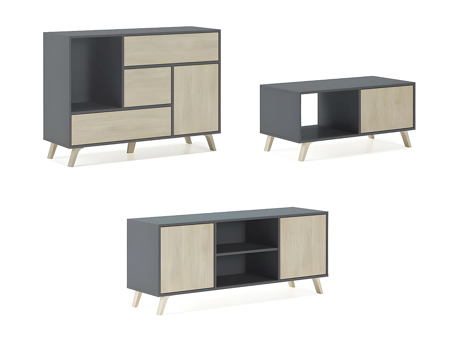 Ensemble/Set Wind, Salon, Salle à manger, Buffet, Gris/chêne buffet-meuble TV-Table basse