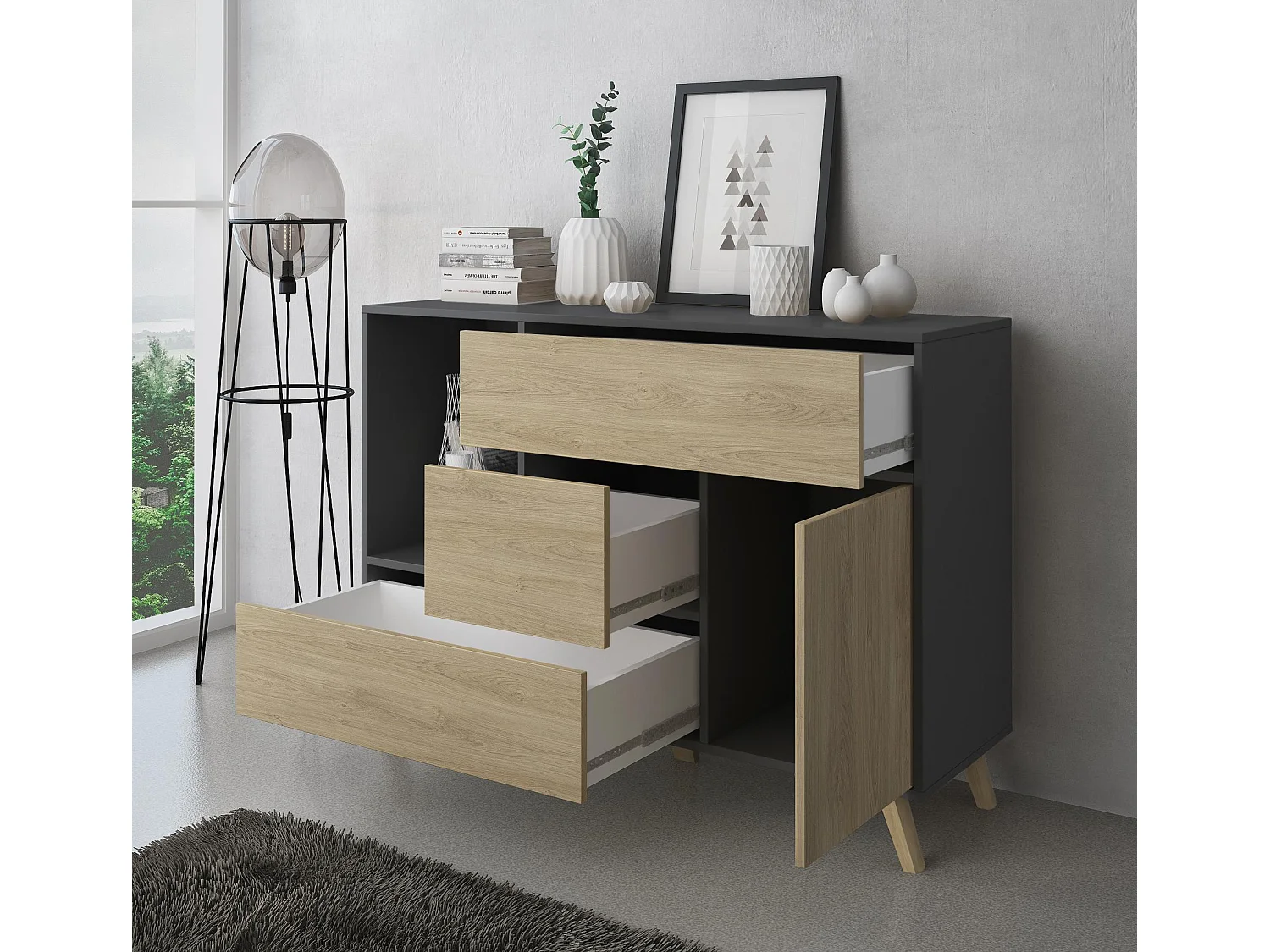 Ensemble/Set Wind, Salon, Salle à manger, Buffet, Gris/chêne buffet-meuble TV-Table basse