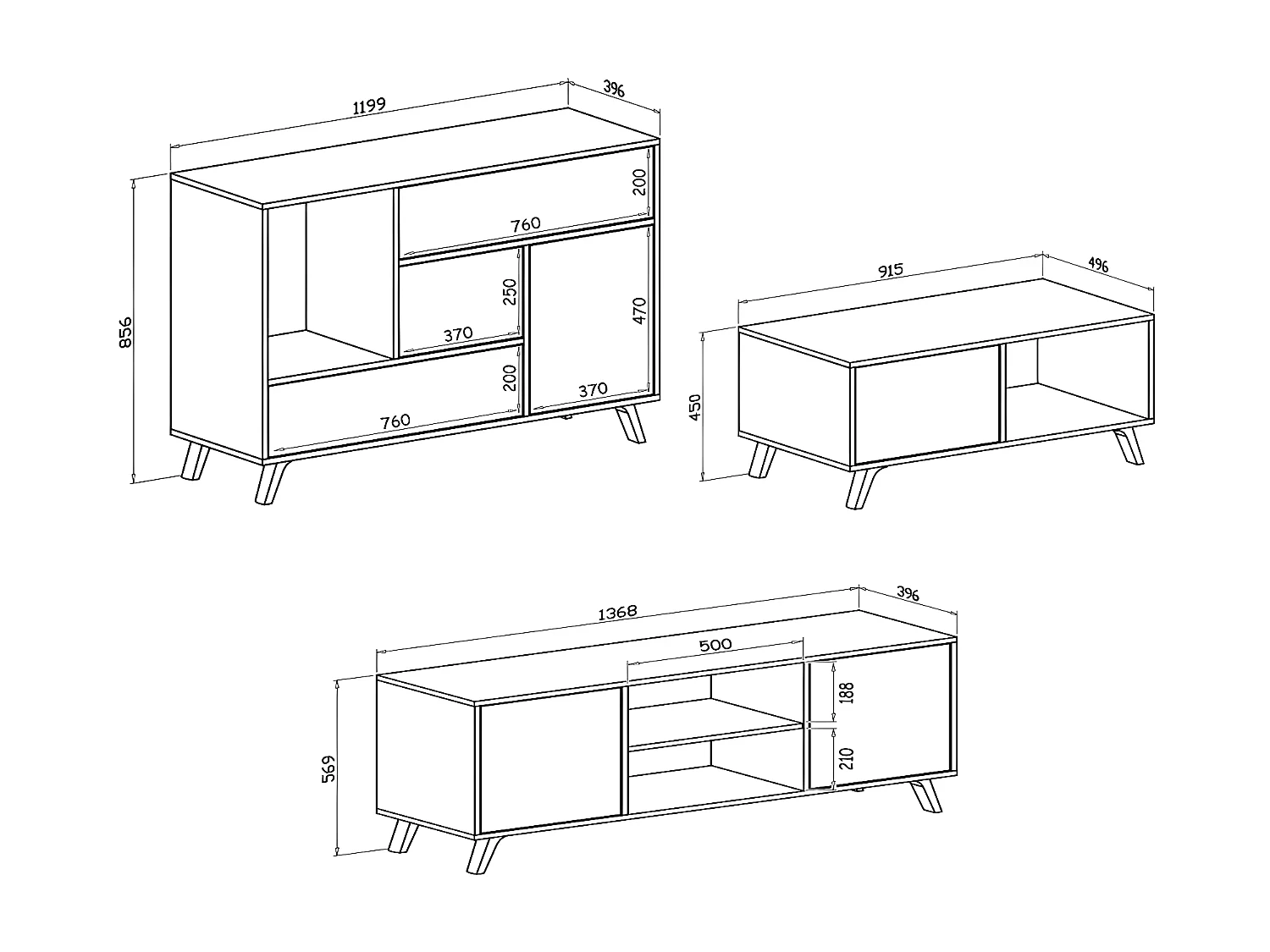 Ensemble/Set Wind, Salon, Salle à manger, Buffet, Gris/chêne buffet-meuble TV-Table basse