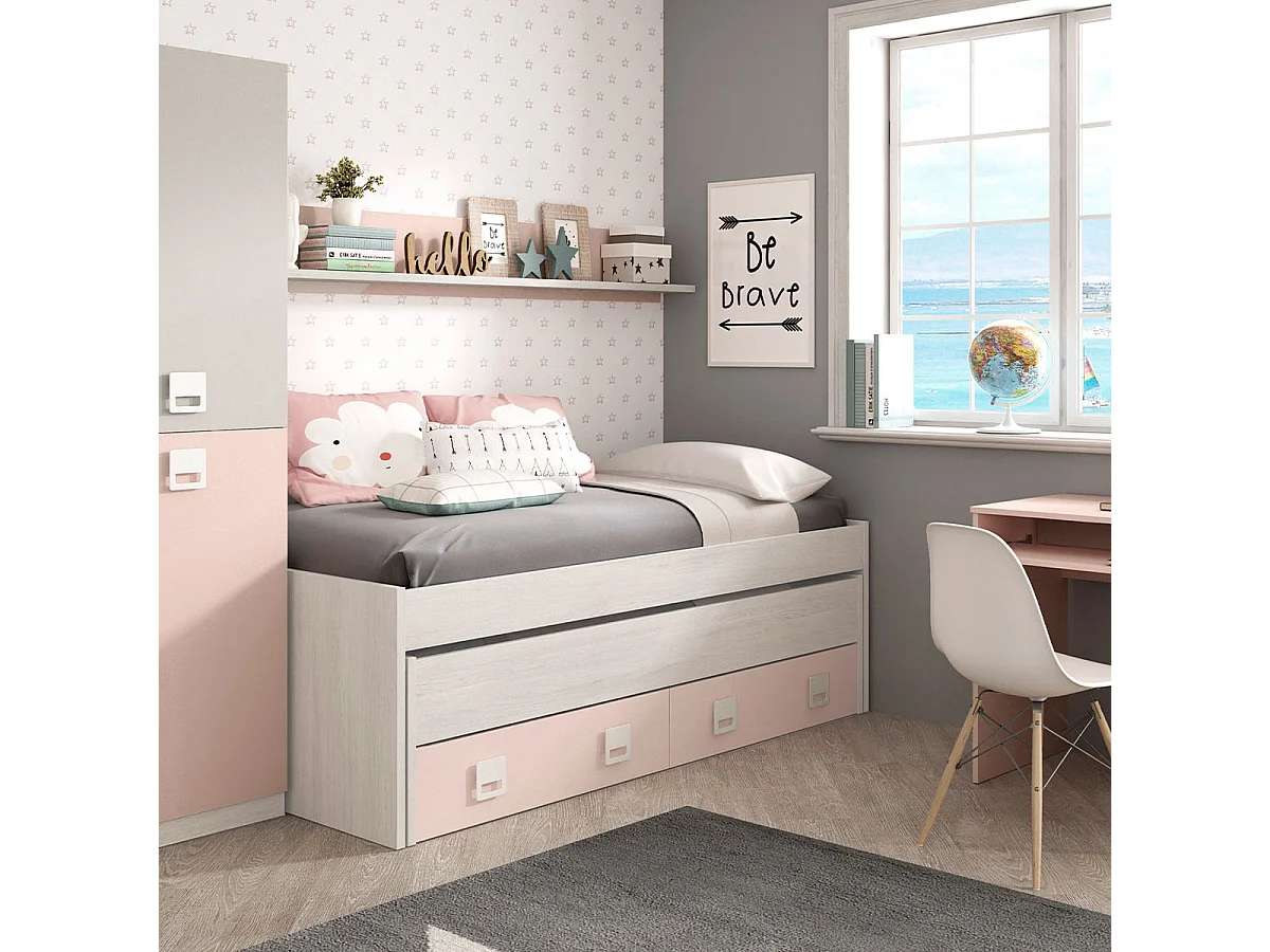 Lit Double + 2 tiroirs et Une etagere, Finition en Blanc Alpes et Rose Pastel