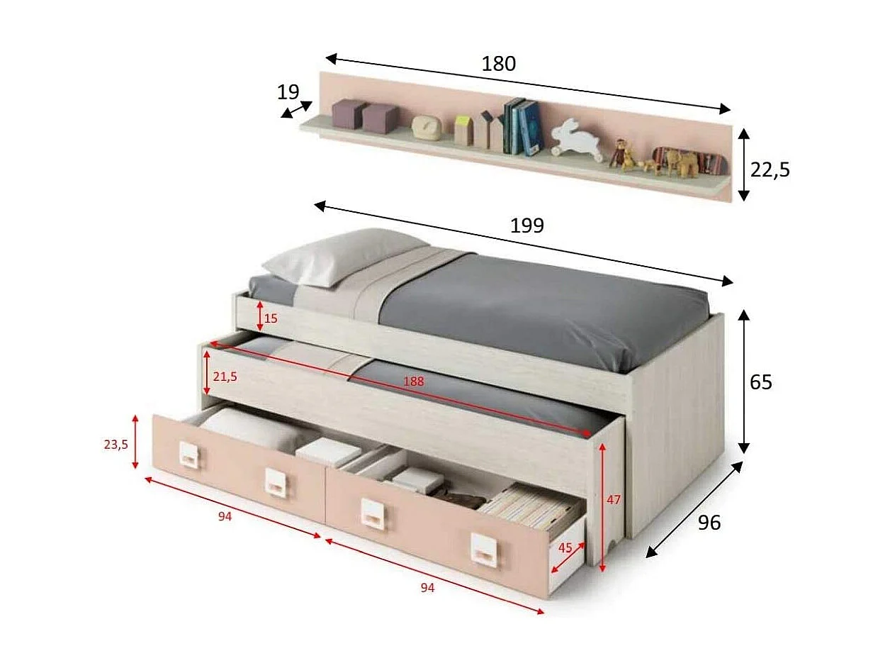 Lit Double + 2 tiroirs et Une etagere, Finition en Blanc Alpes et Rose Pastel
