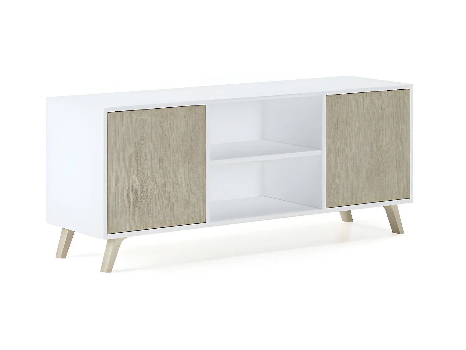 Meuble TV 137x40x57cm avec 2 portes, salon, modèle WIND, structure Blanche, portes chêne