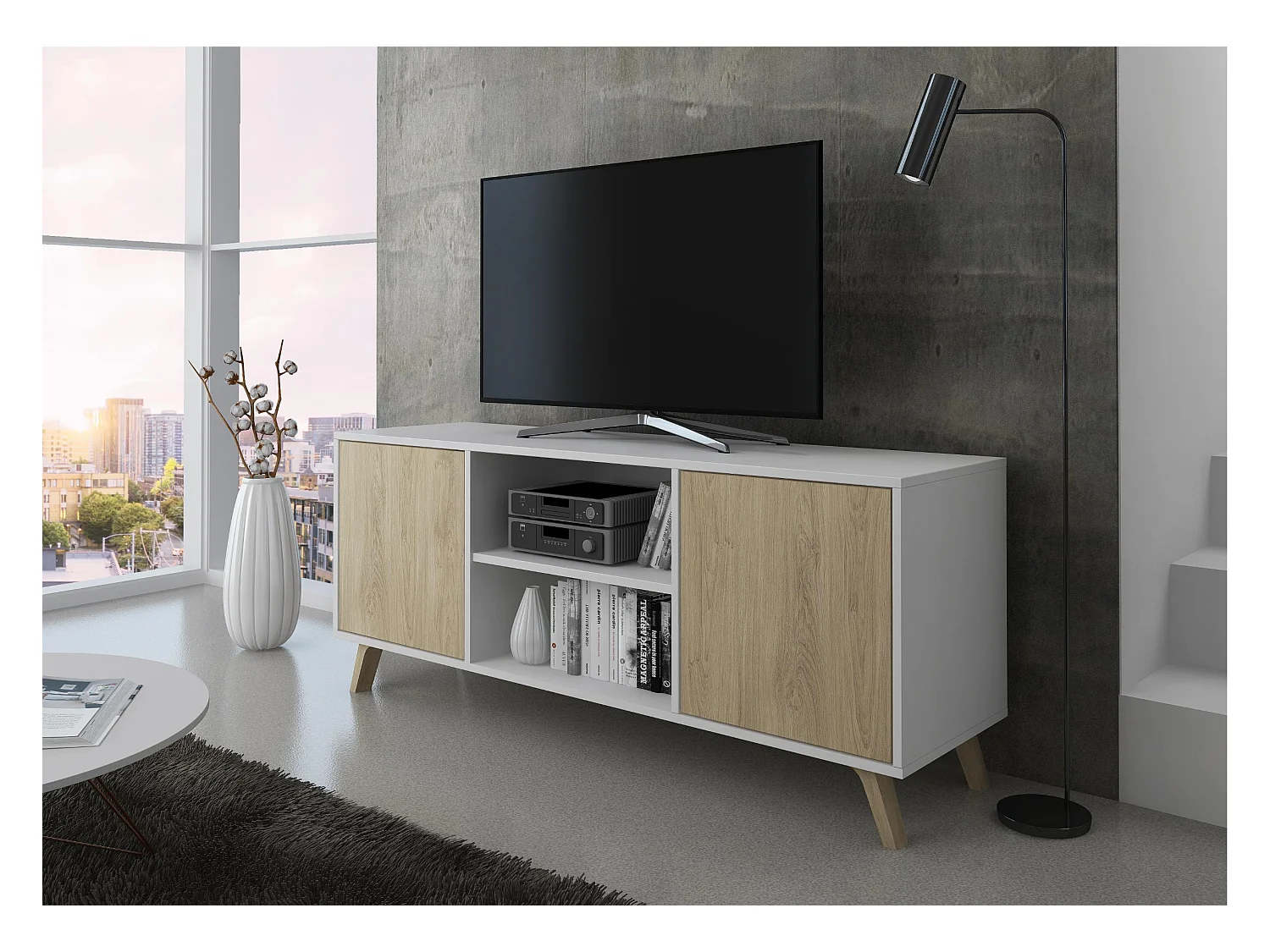 Mueble TV 140 Modelo WIND, color estructura Blanco, color puertas Roble, 137x40x57cm