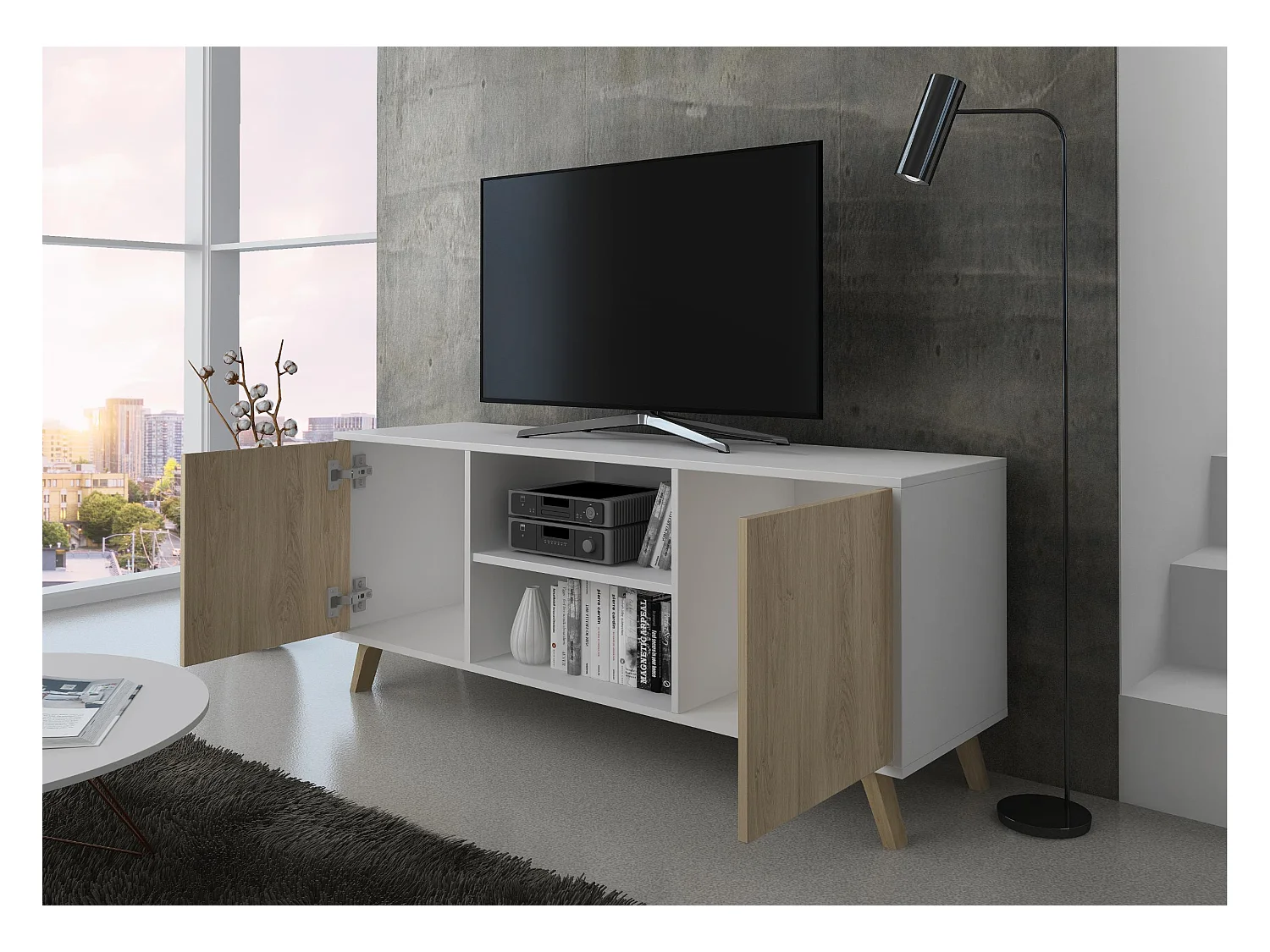 Mueble TV 140 Modelo WIND, color estructura Blanco, color puertas Roble, 137x40x57cm