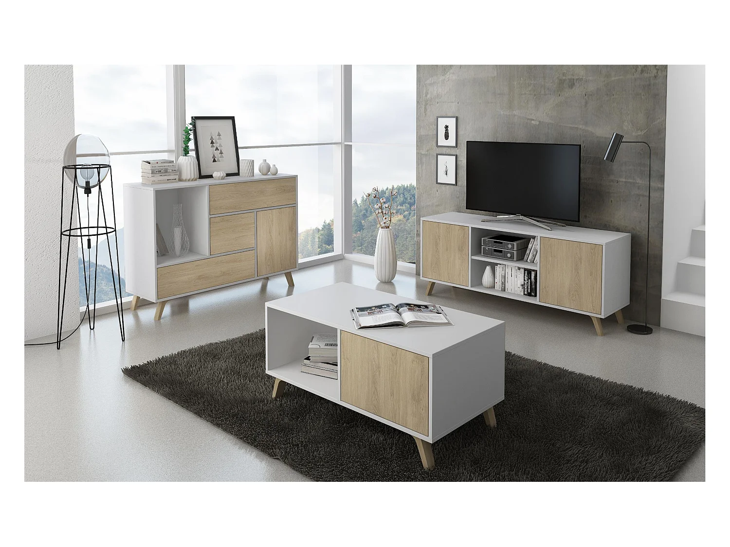 Mueble TV 140 Modelo WIND, color estructura Blanco, color puertas Roble, 137x40x57cm
