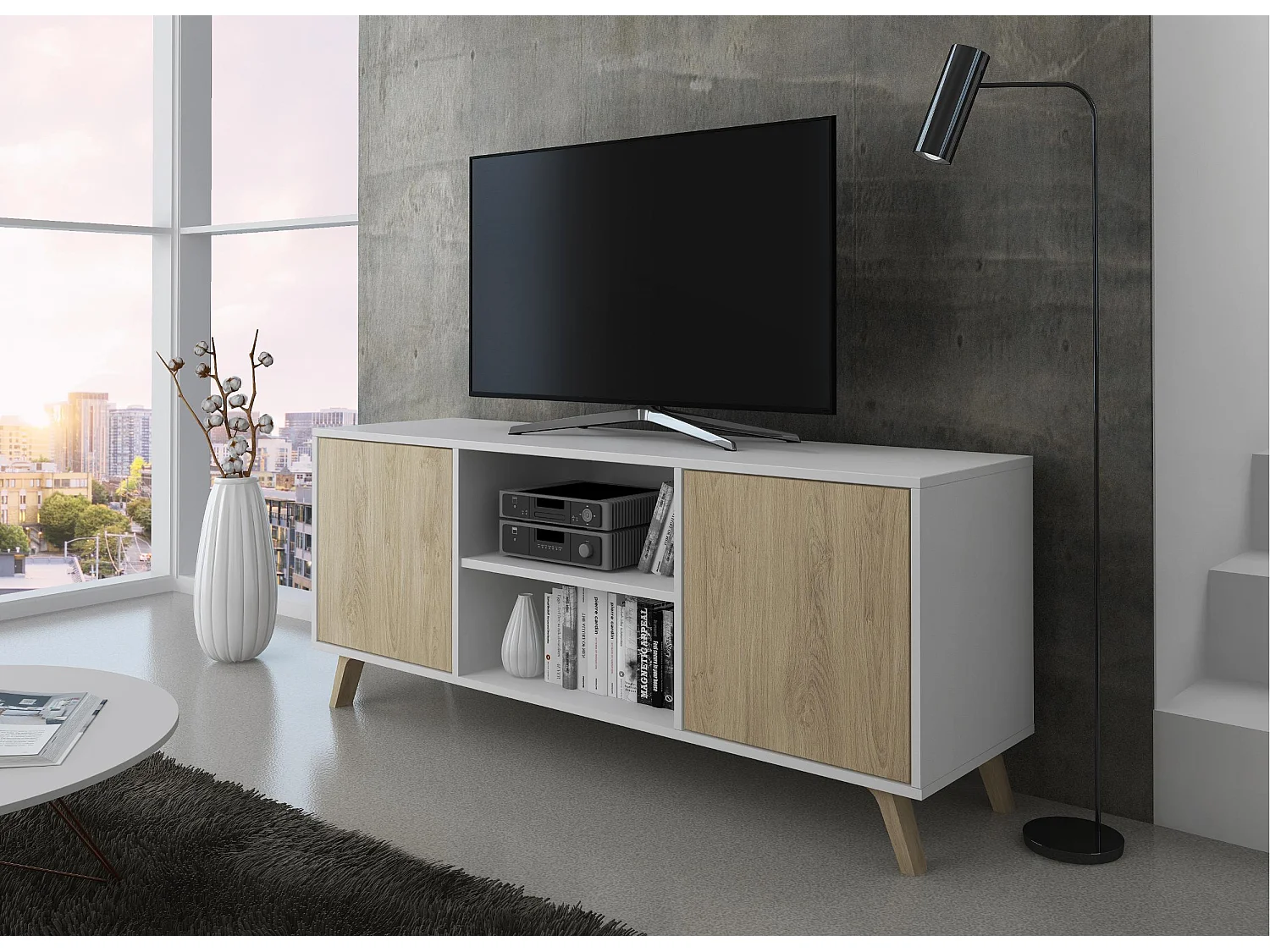 Mueble TV 140 Modelo WIND, color estructura Blanco, color puertas Roble, 137x40x57cm