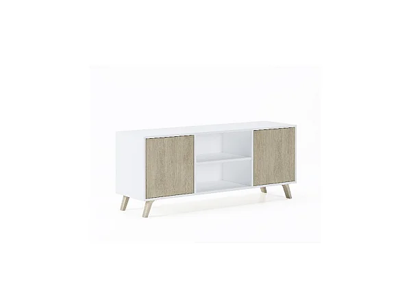 Mueble TV 140 Modelo WIND, color estructura Blanco, color puertas Roble, 137x40x57cm