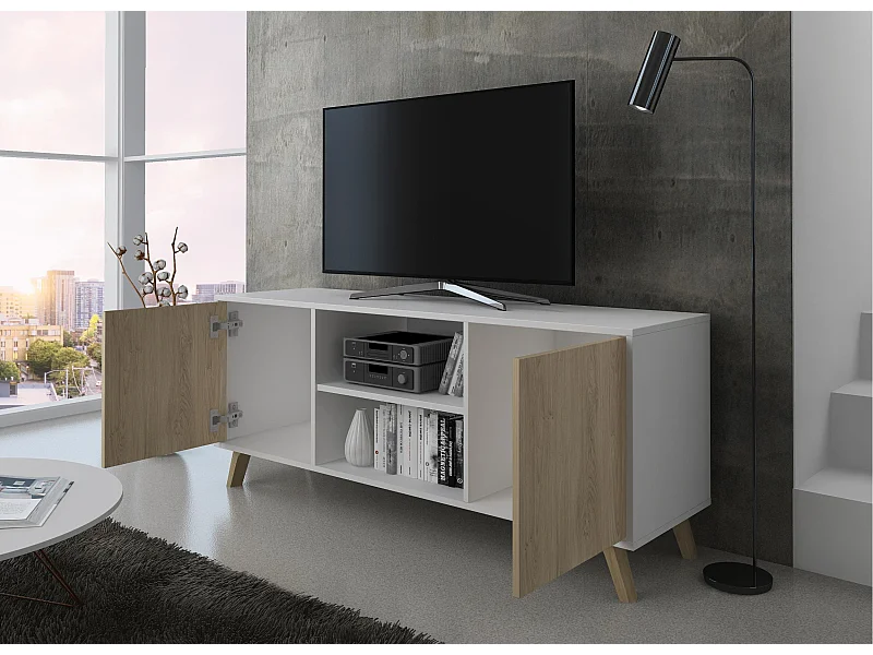 Meuble TV 137x40x57cm avec 2 portes, salon, modèle WIND, structure Blanche, portes chêne