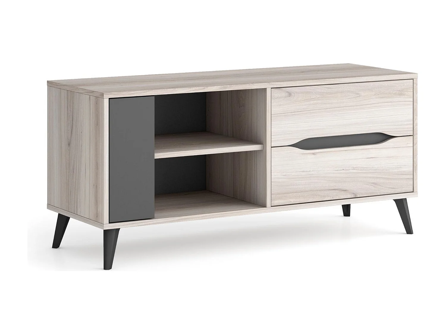 TV-Möbel 110, 2 Schubladen + 1 Tür, Modell KAI, Farbe Eiche, Grau.