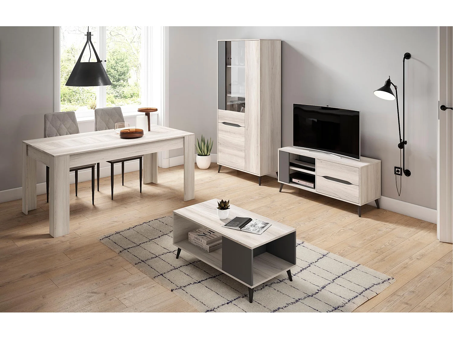 TV-Möbel 110, 2 Schubladen + 1 Tür, Modell KAI, Farbe Eiche, Grau.